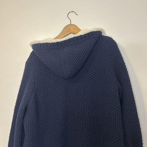 LL Bean Knit Cardigan Shearling Sherpa Lined Navy Blue Hooded Long - Large - Picture 10 of 16